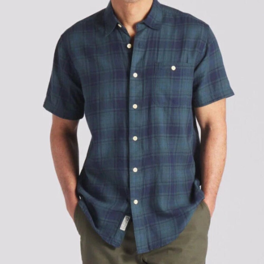 Grayers Short Sleeve Woven Cotton Plaid Navy Green Button-Up Shirt, size XL NWT